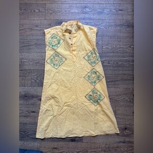 Artisan hand painted primitive vintage slip sun midi dress in warm yellow